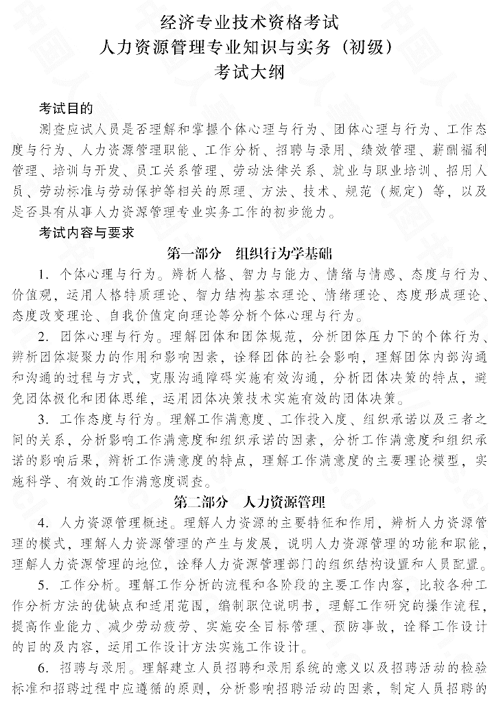 2015年初級(jí)人力資源管理專業(yè)知識(shí)與實(shí)務(wù)考試大綱