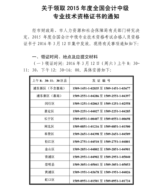 2015年上海中級(jí)會(huì)計(jì)師合格證領(lǐng)取通知